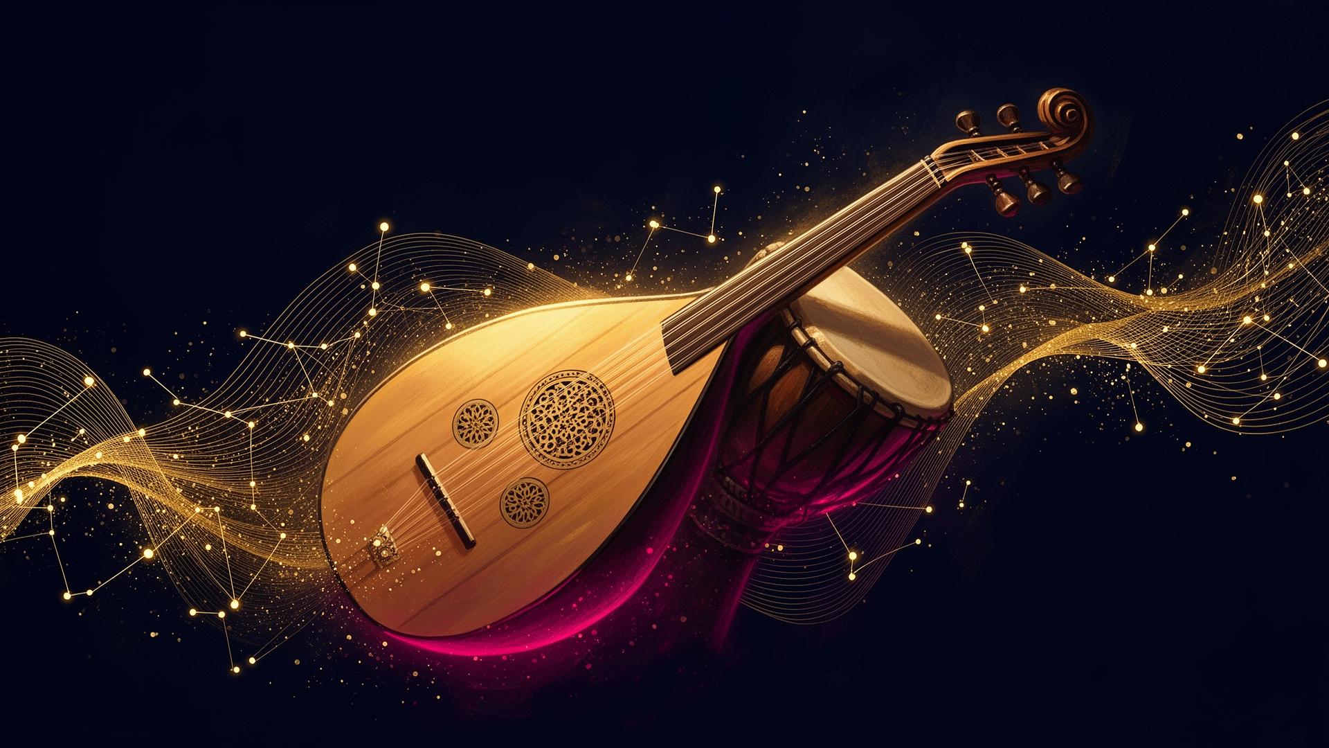 Oud et darbuka entourés d'ondes sonores dorées — IA Song Perso